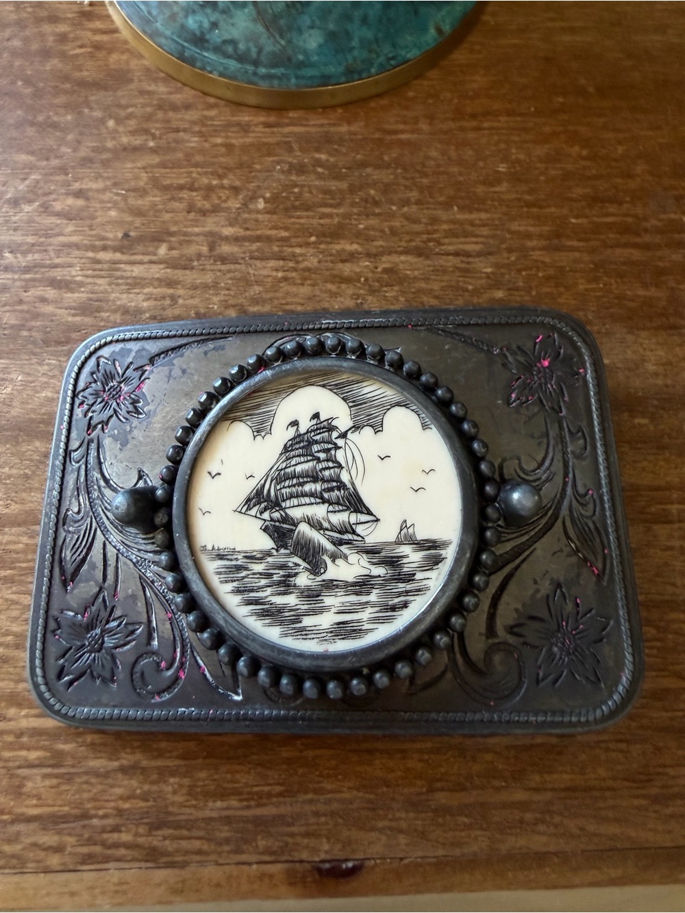Scrimshaw ship and whale - Antique finish w/floral design